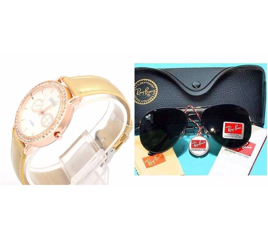 KMS Ladies Wrist Watch & Ray Ban Sunglasses Combo