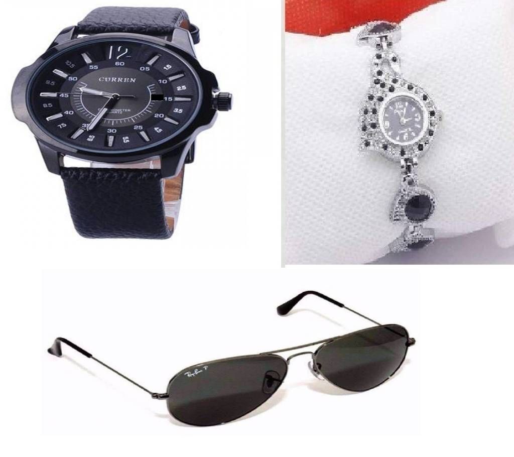 Curren Menz Wrist Watch & PEACOCK Watch for Women & RAY BAN JANCTS Sunglasses Combo