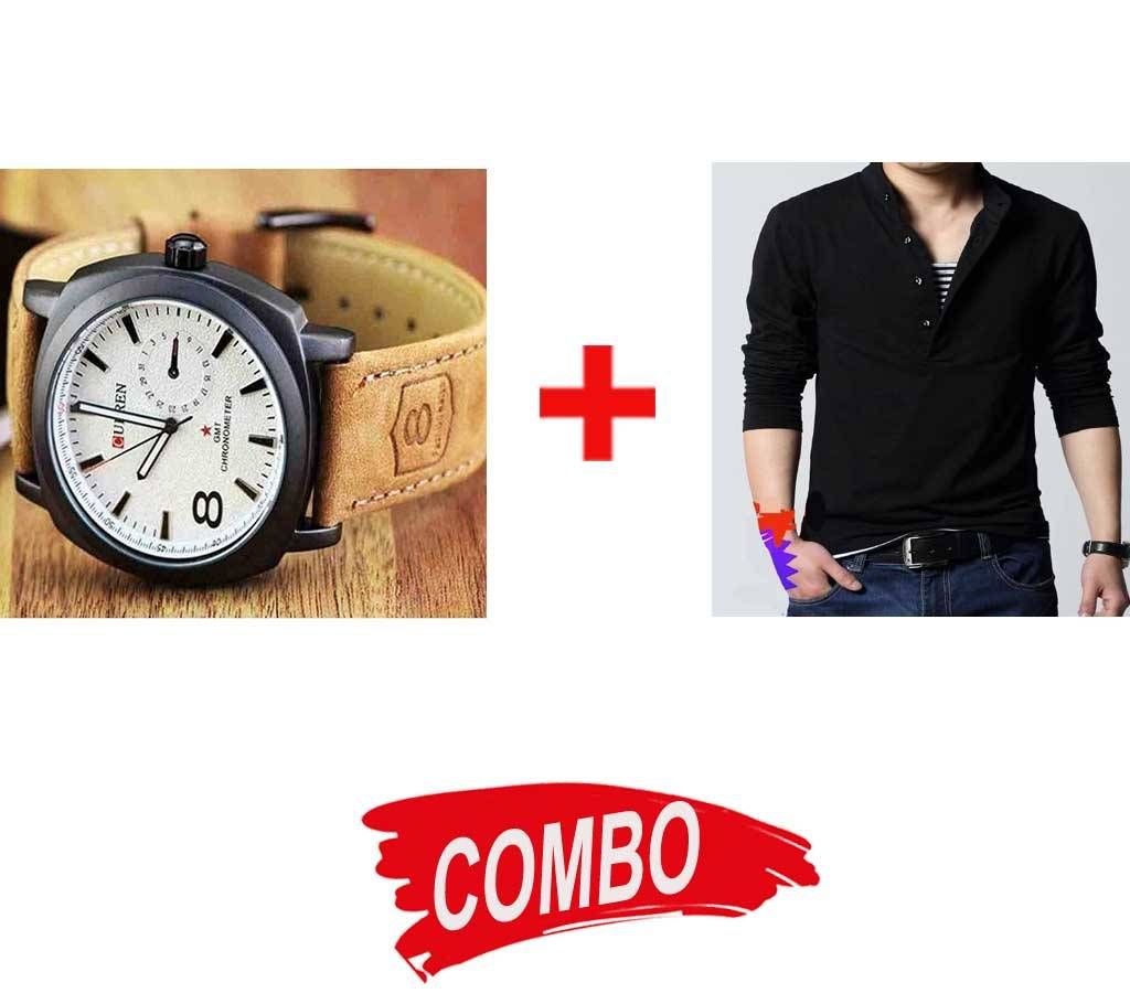 Gents Full Sleeve Cotton Polo-Shirt- Black + CURREN Gents Wrist Watch 