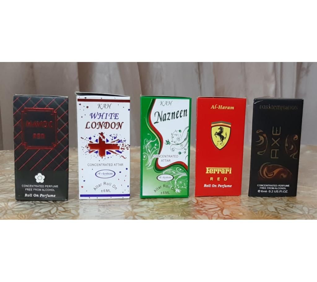 5pcs Attar Roll On Perfume (Axe, Havoc, London, Ferrai, Nazneen)-6ml-France