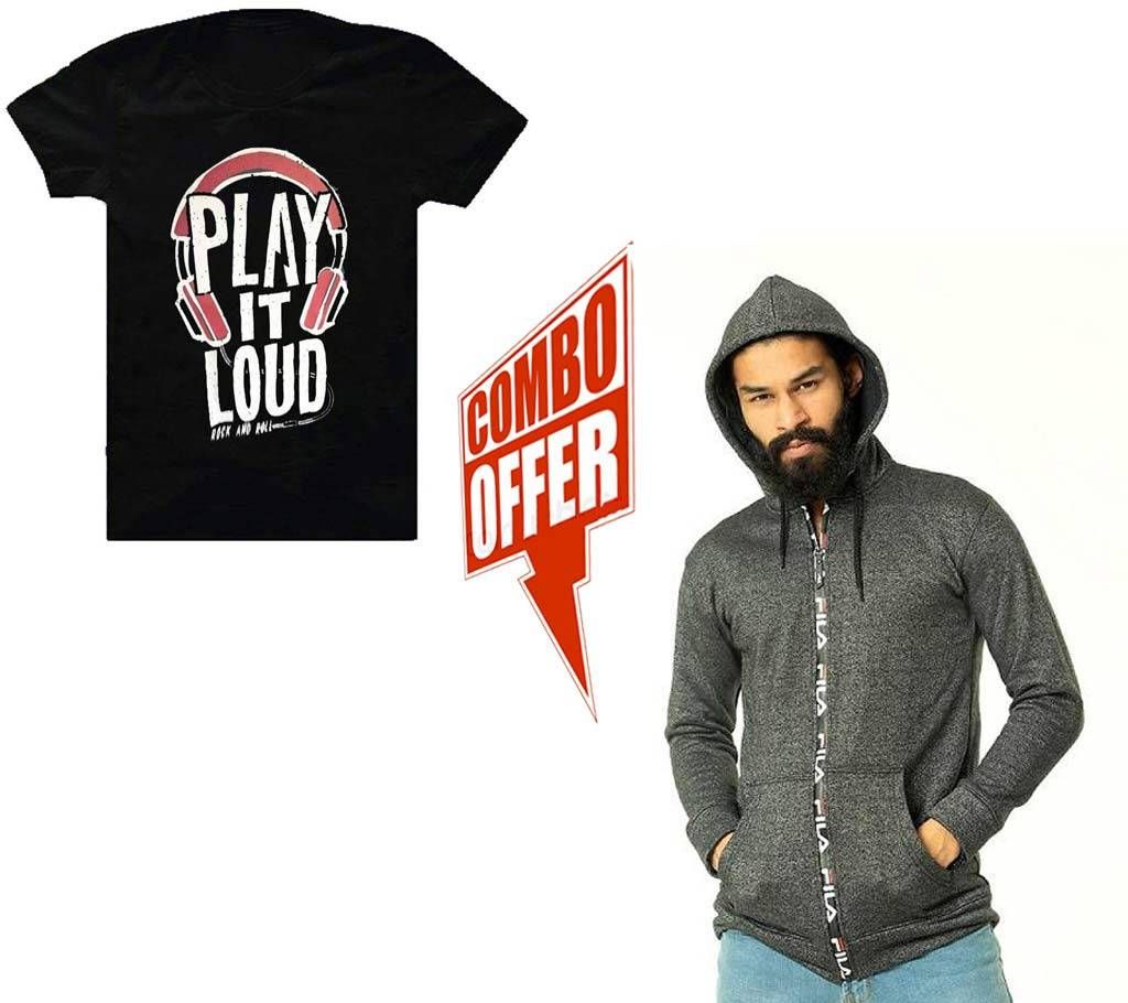 Menz Cotton Hoodie-Dark Ash+Menz Half Sleeve T-Shirt combo offer 