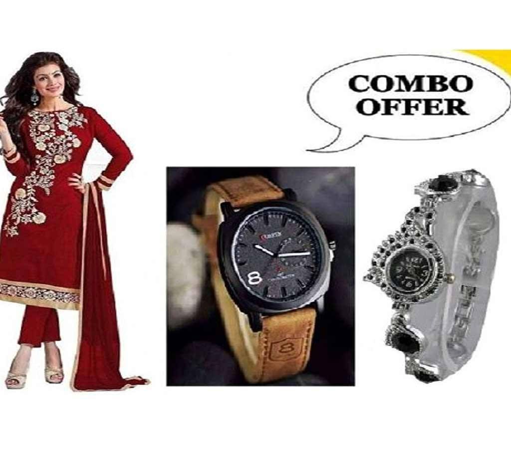 Block Print Cotton Three Piece - Gents & Ladies Watch Combo Offer