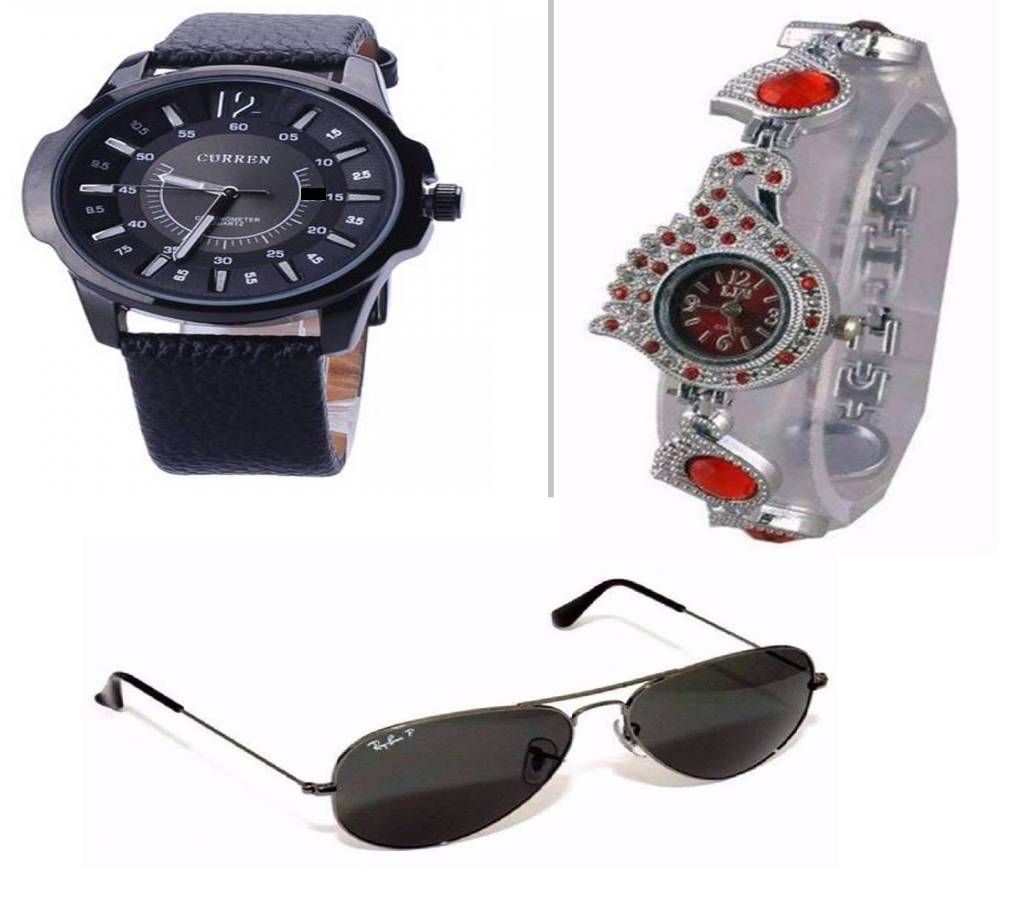Curren Menz Wrist Watch, PEACOCK Watch for Women & RAY BAN Gents Sunglasses Combo