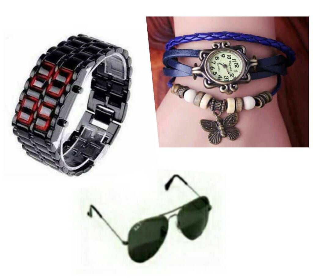 LED Samurai Bracelet Watch + Ladies Watch + RAY Ban Sunglasses For Men (Copy) Combo Offer