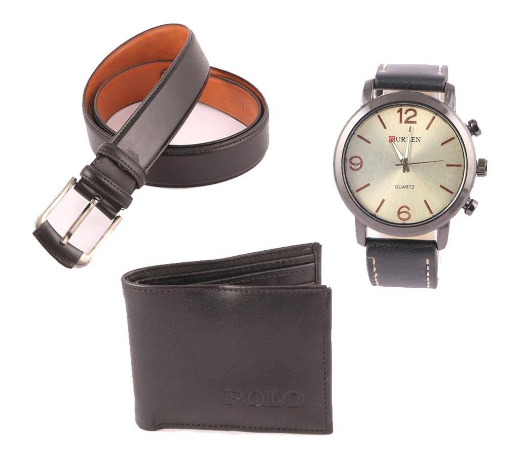 Formal Belt + PU Leather Mens Wallet + Gentts Rist Watch