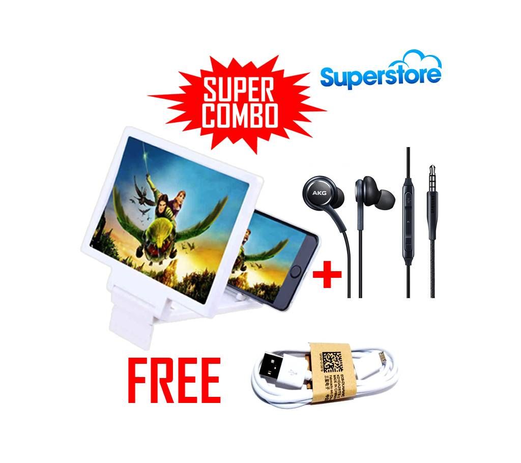 3D Mobile Glass + AKG Earphones +Free Usb Cable