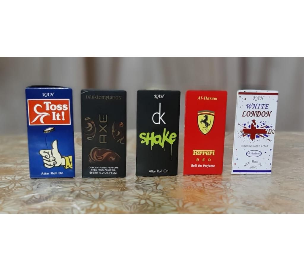5pcs Attar Roll on Perfume (Axe, Ferari, Ck shake, London & Toss it)-6ml-France