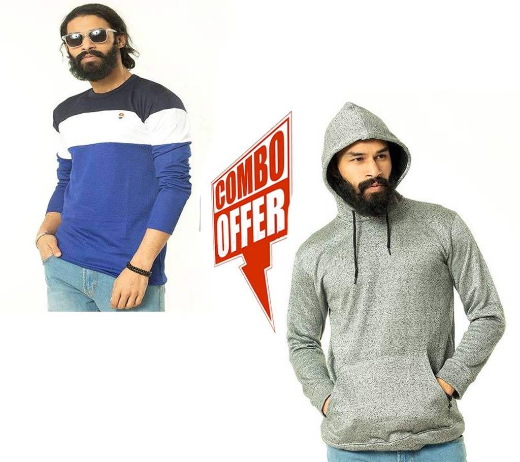 Menz Cotton Hoodie-Ash+Full Sleeve T-Shirt Blue
