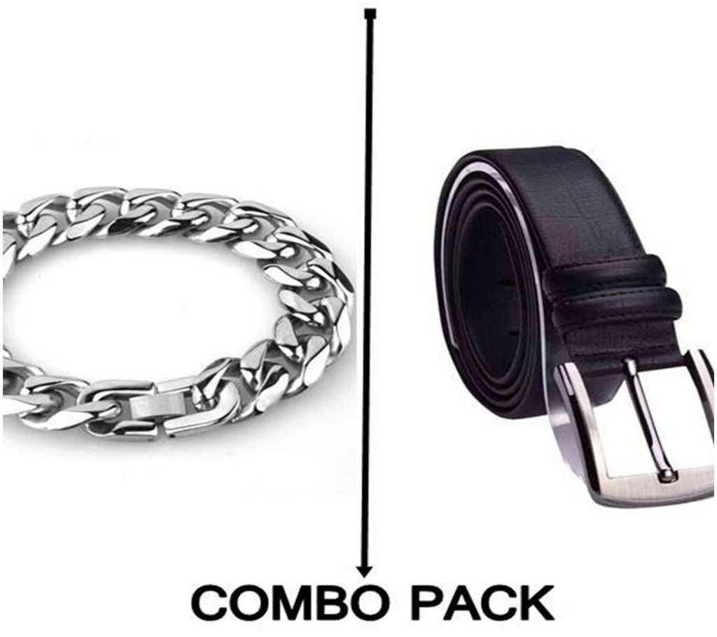 Stainless Steel Bracelet & Formal Leather Belt Combo