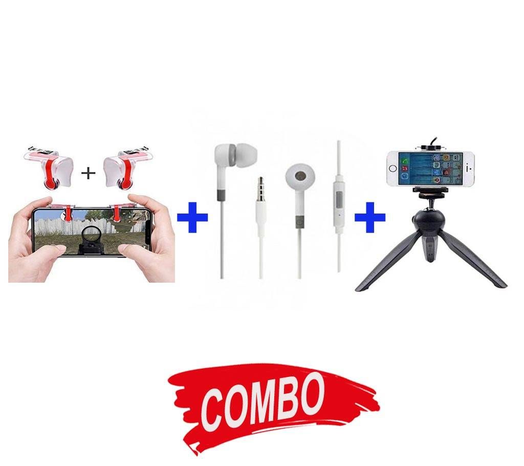 PUBG and Shooting Game Controller for any Smartphone - Black + MI-HEADPHONE-REPLICA-582 + Yunteng 228 Mini Tripod with Phone Holder Clip for Smartphone - Black Combo Offer 