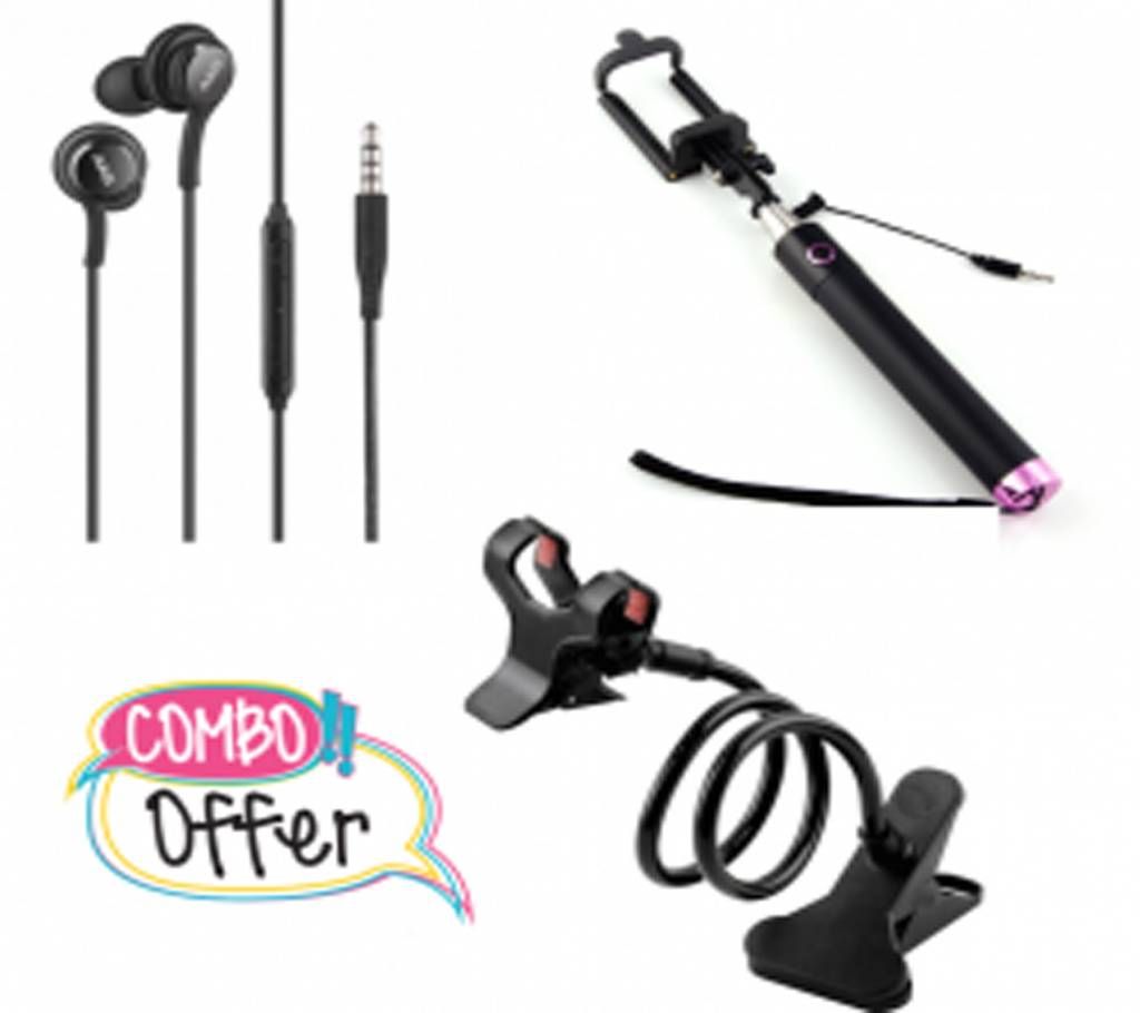 Combo-03 ( AKG earphone + Long Arm Mobile Clip + Selfie Stick )
