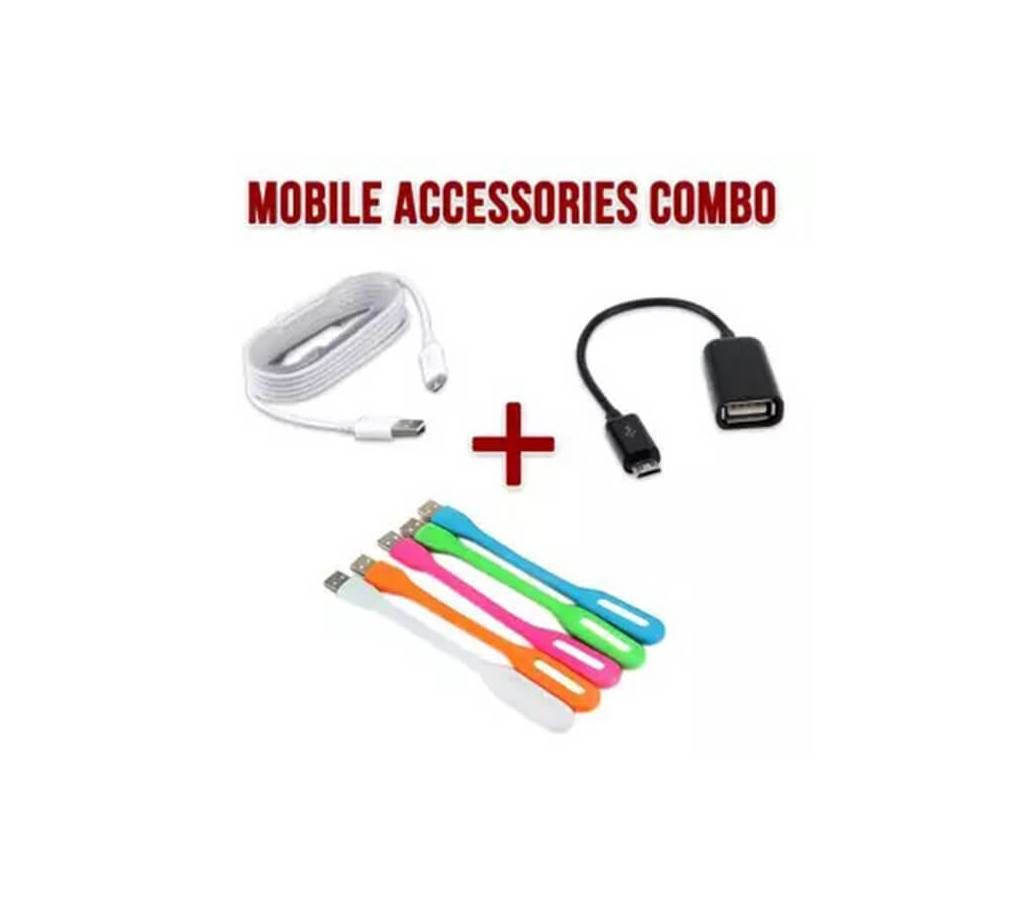OTG Cable + USB LED LIght + Data Cable Combo Pack