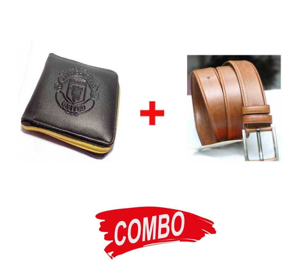 Brown Leather Belt for Men+Manchester United wallet for men Combo 
