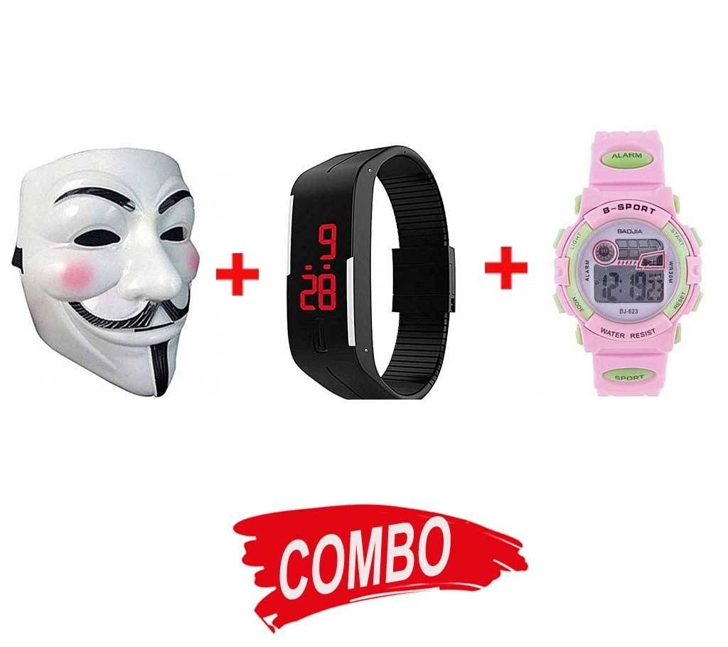 BJ-623 Light Pink Rubber Digital Watch for Girls + Anonymous Mask - White+ Silicon LED Sports Watch - Black Combo Offer
