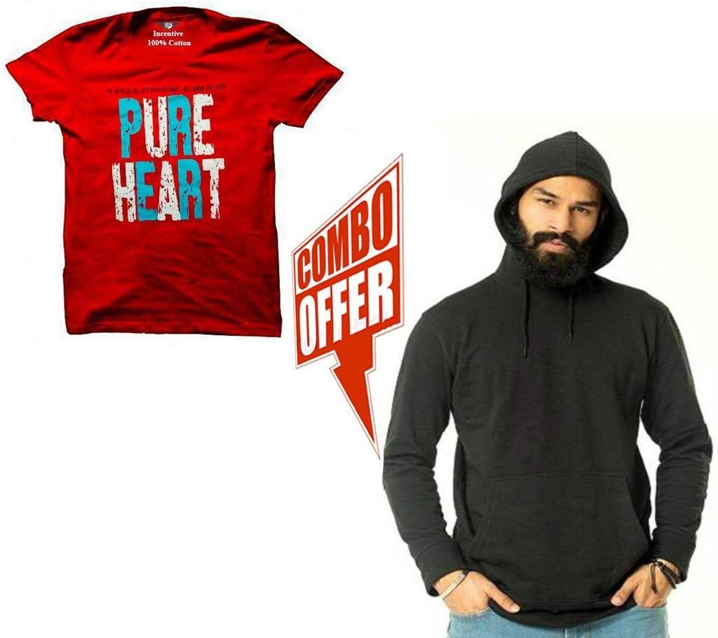Menz Cotton Hoodie-Black+Pure Heart Red Half Sleeve T-Shirt combo offer 