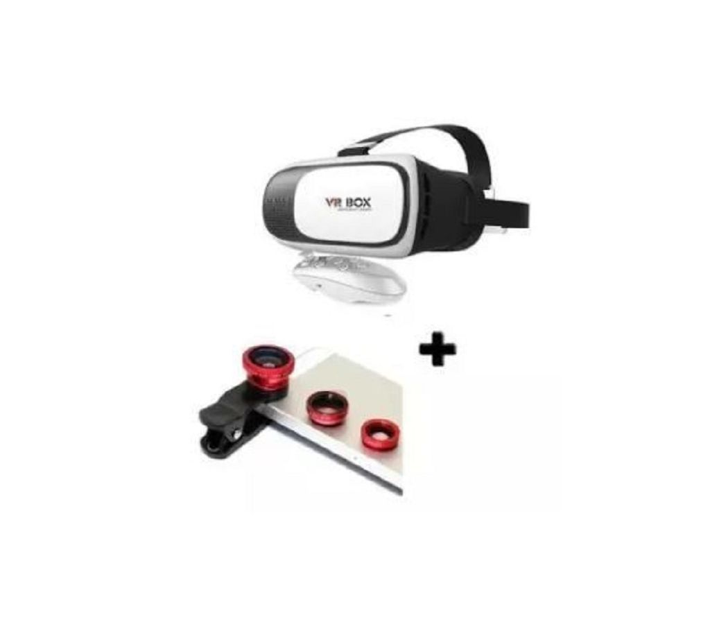 Combo of 3D Glasses VR BOX 2.0 with Remote Controller and Mobile Clip Lens- Multi color-GNG