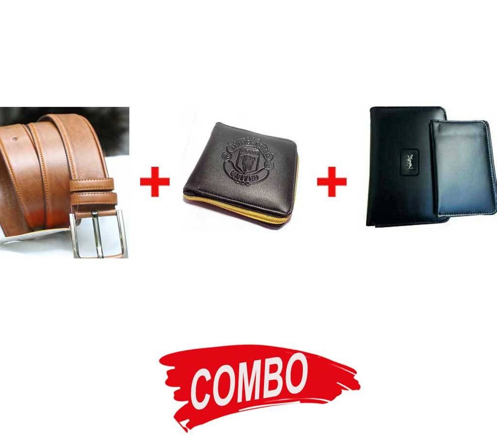 YSL leather wallet for men+Manchester United wallet for men+Brown Leather Belt for Men Combo
