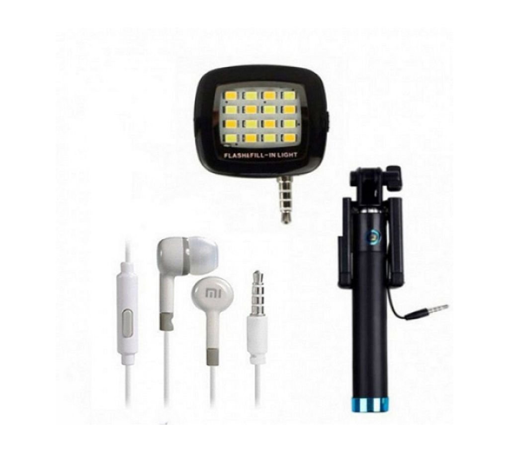 Selfie flash light+ Selfie Stick + MI earphone (replica)