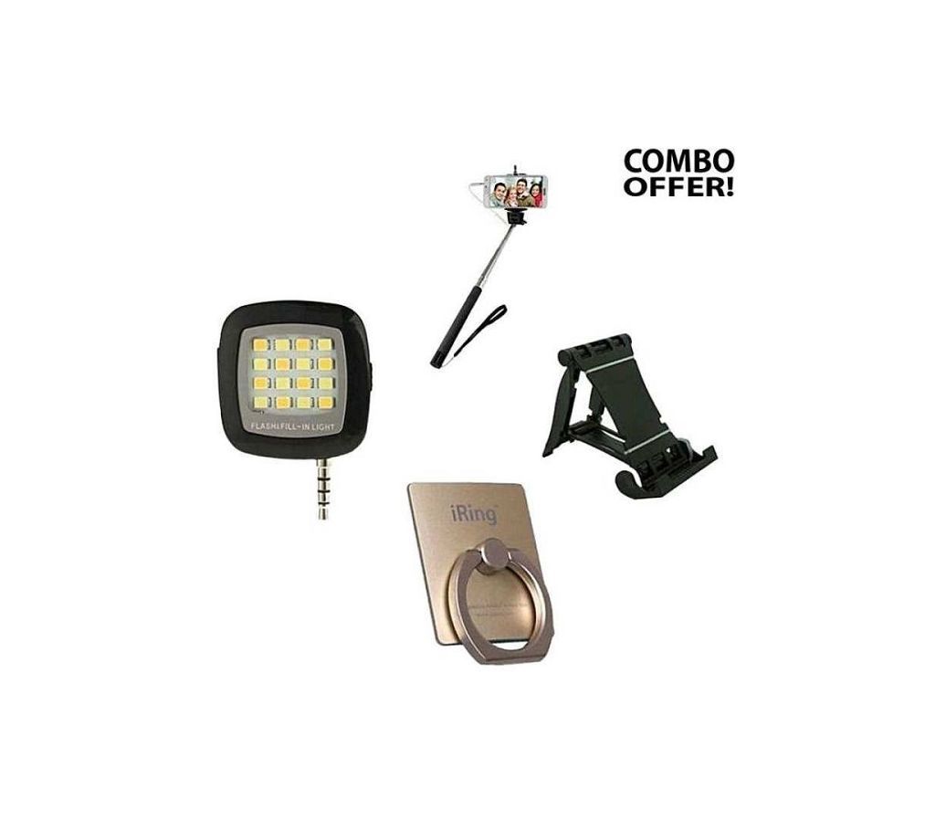 Selfie Stick + Mobile Stand + Flash Light + Ring Stand Gadget Pack