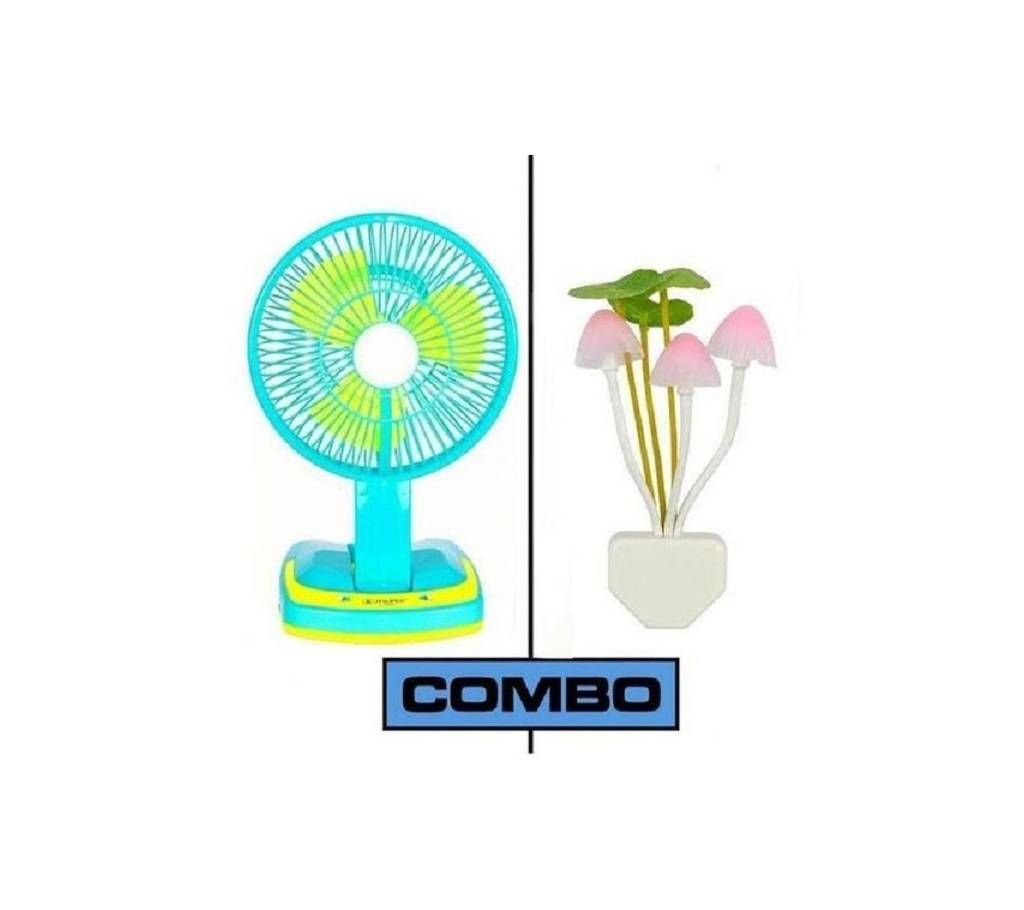 Rechargeable Fan With Light And Mushroom LED Light Combo Set - Blue and Yellow