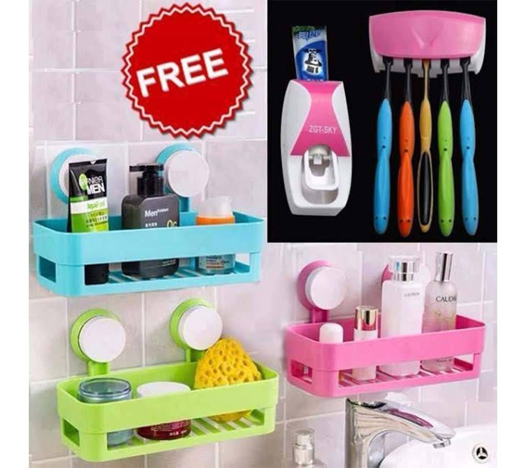 Combo of 3 Bathroom Shelves and Toothpaste Dispenser - Multicolor
