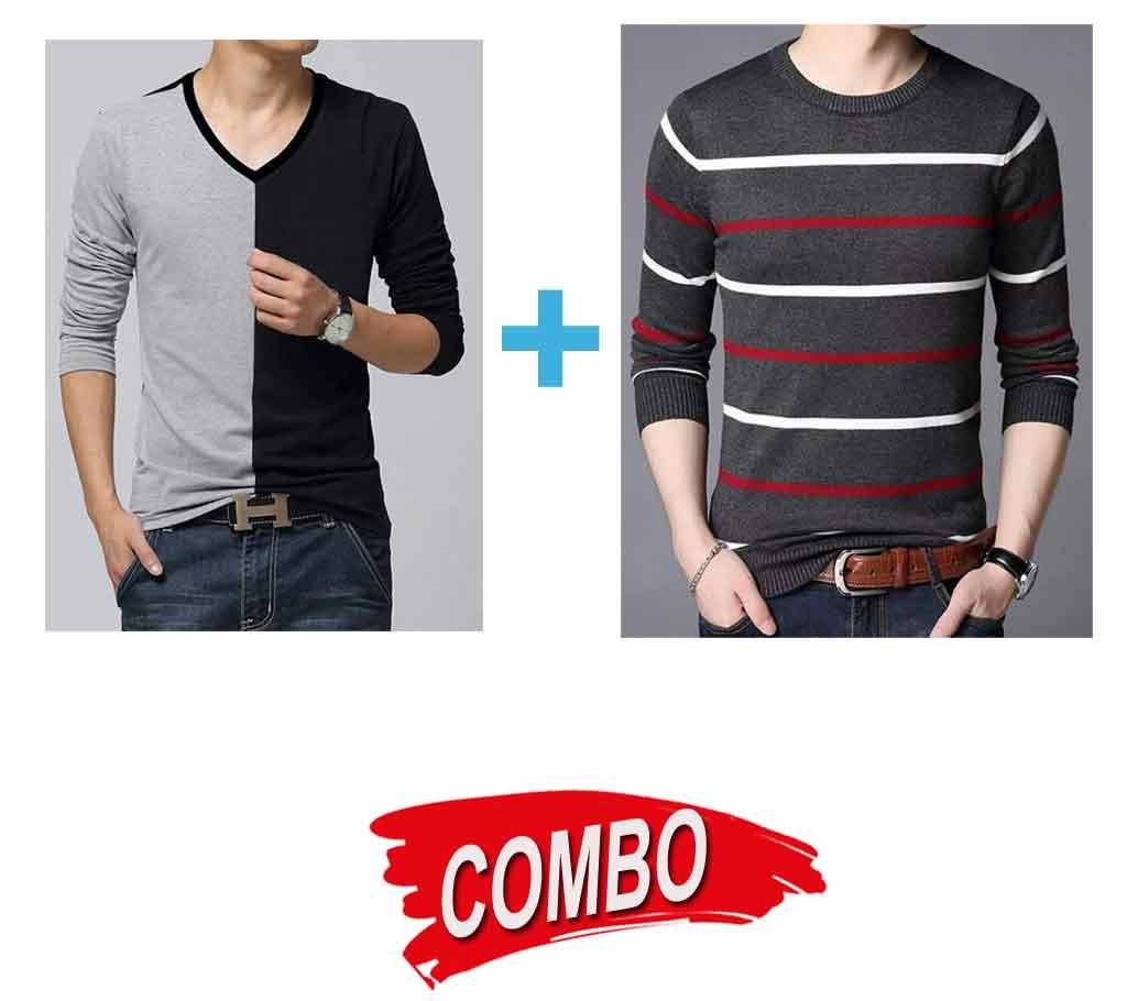 Mens Long Sleeve Sweater + Mens Full Sleeve T Shirt - Combo Offer