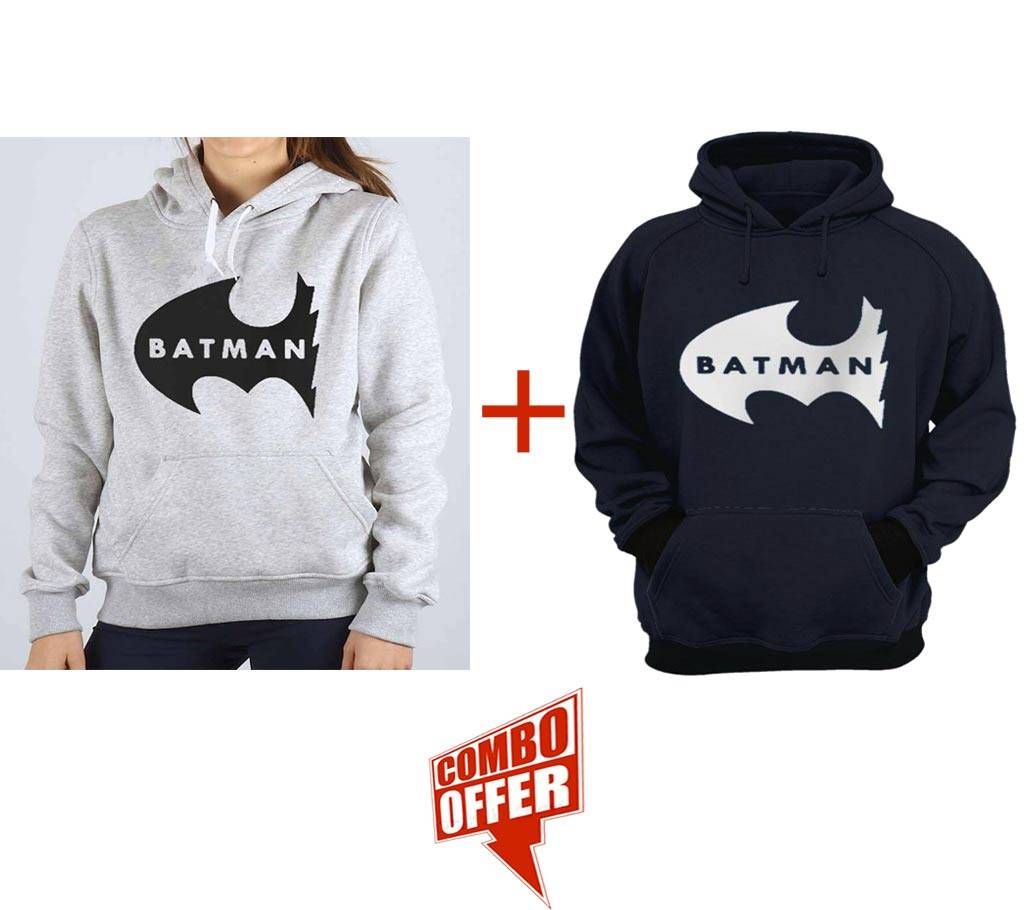 Batman New-Grey Melange-Ladies-Hoodie+Batman -Navy Blue-Mens-Hoodie Combo Offer 