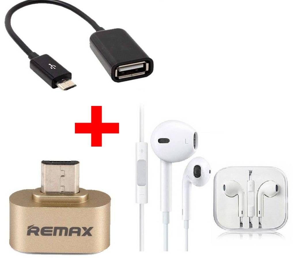 Earphone + RemaxOTG Converter +OTG Adapter combo