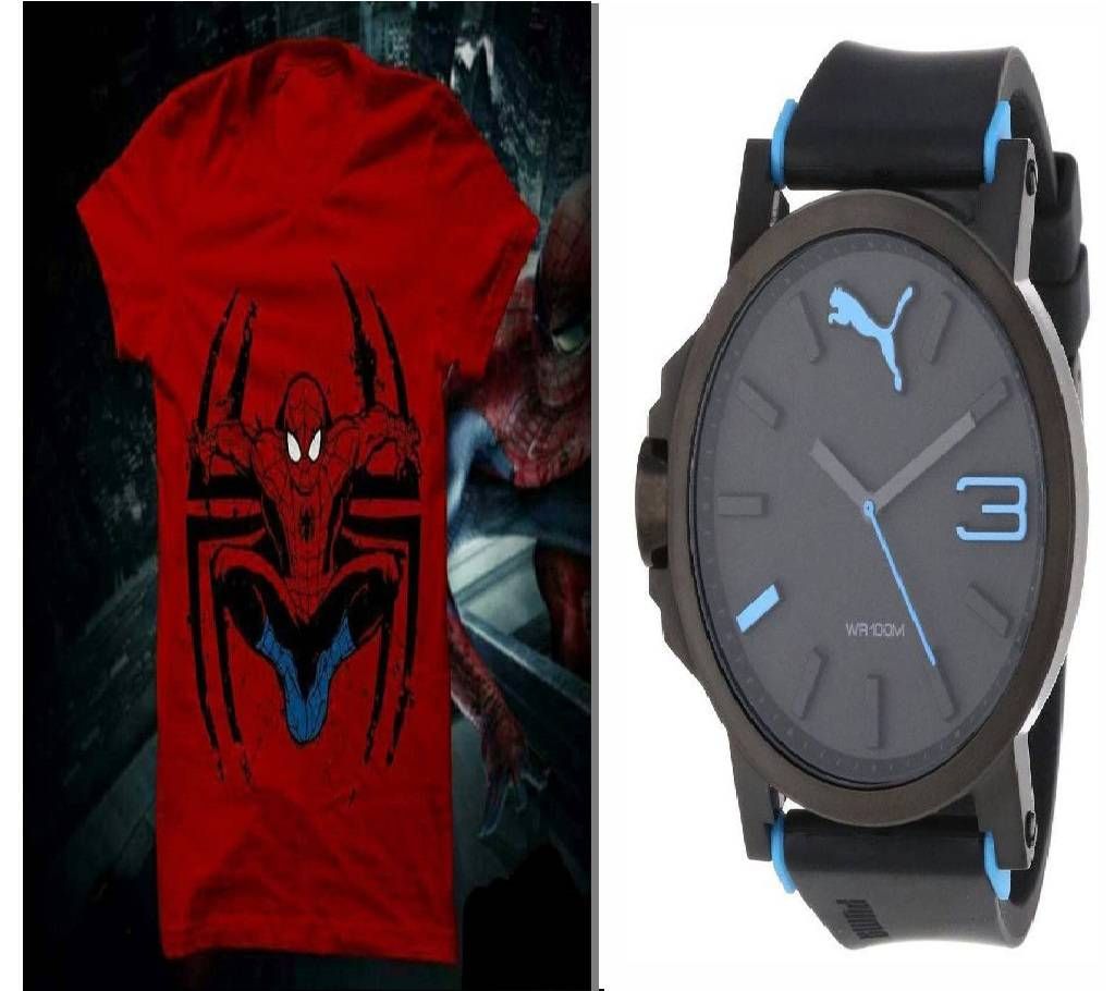 Spider-Man Menz T-shirt and PUMA Copy Gents Watch Combo