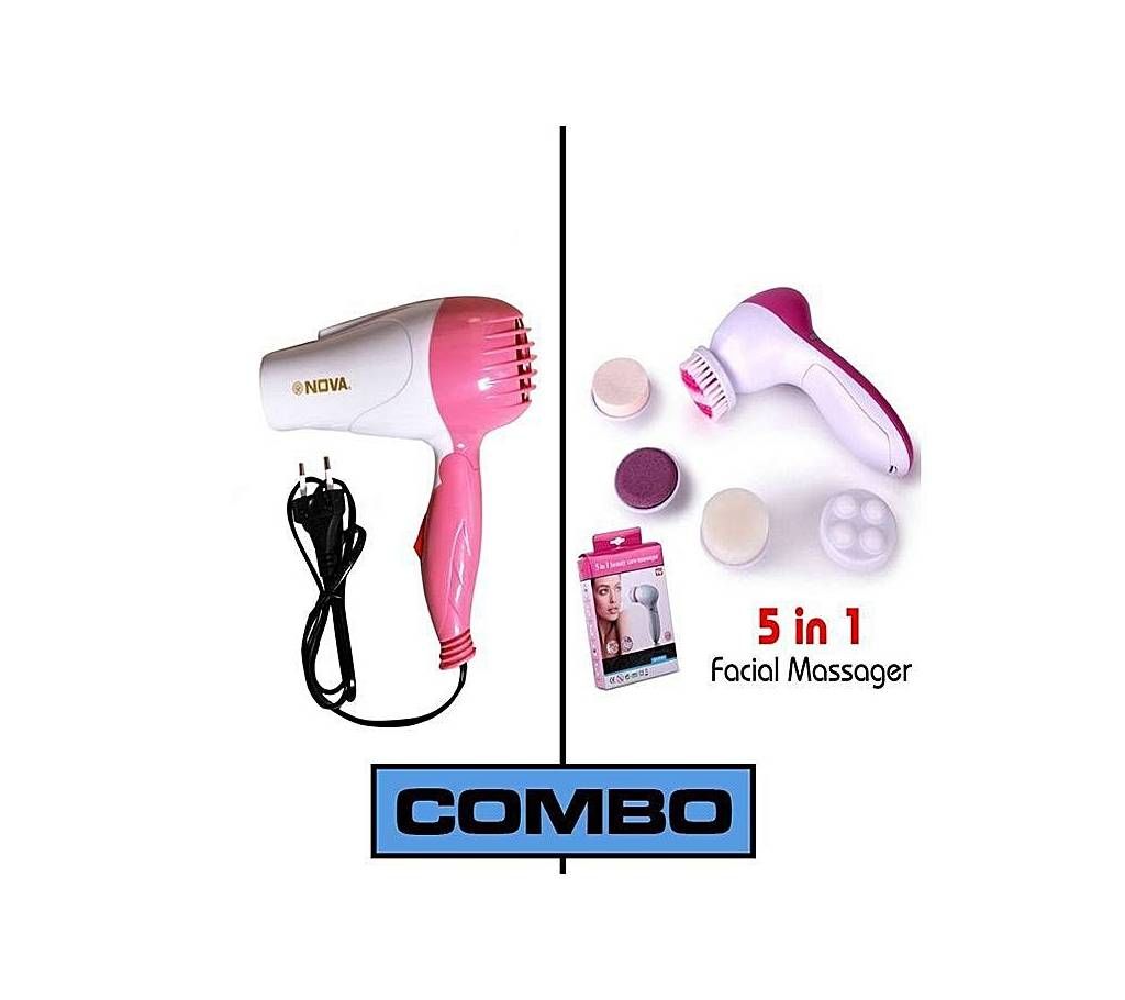 Comboof Hair Dryer and Facial Care Massager - Pink and White