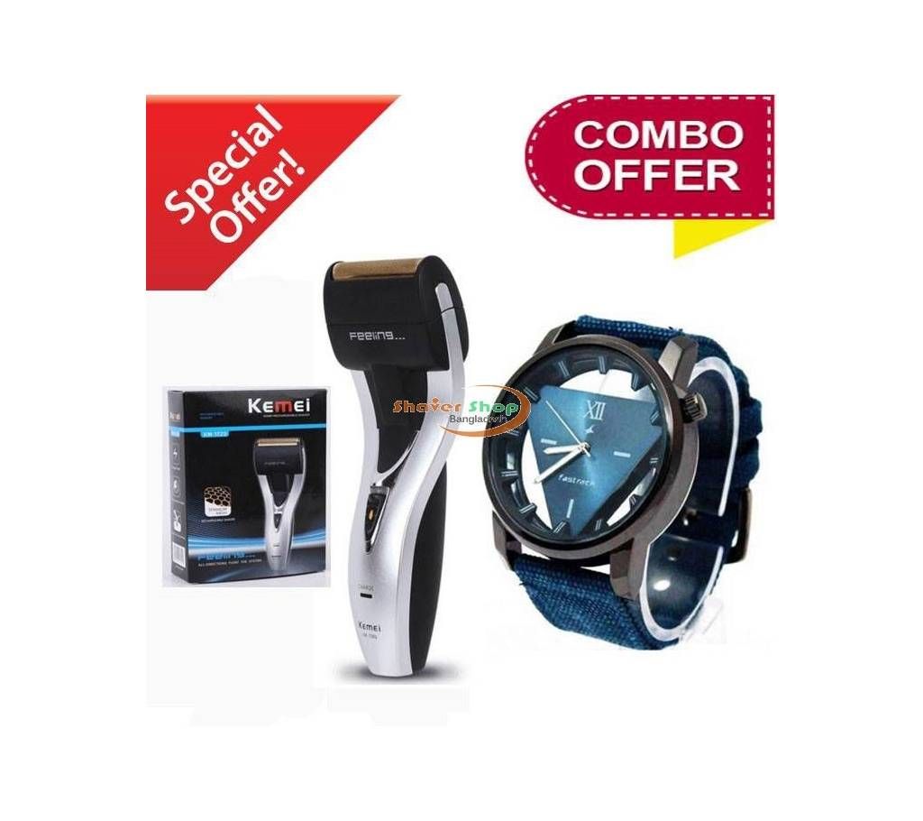 combo of Kemei New Rechargeable Electric Shaver Washable Pop-up Trimmer For Men KM-1720 +fastrack watch