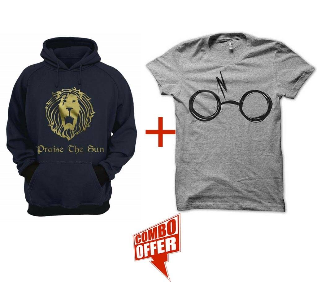 Sun-Navy Blue- Mens- Hoodie + Gents Summer T-Shirt - Hp3 Combo Offer 