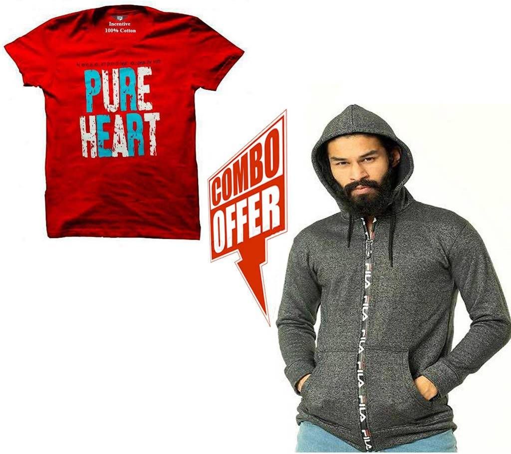 Menz Cotton Hoodie-Dark Ash+Pure Heart Red Half Sleeve T-Shirt combo offer 