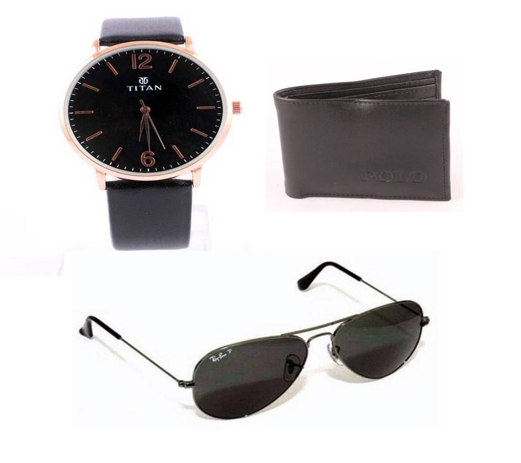 Menz Wrist Watch+Metal Frame Sunglass Wallet Combo  Offer 