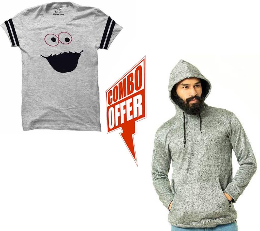 Menz Cotton Hoodie-Ash+Hashi Black Half Sleeve T-Shirt combo offer 