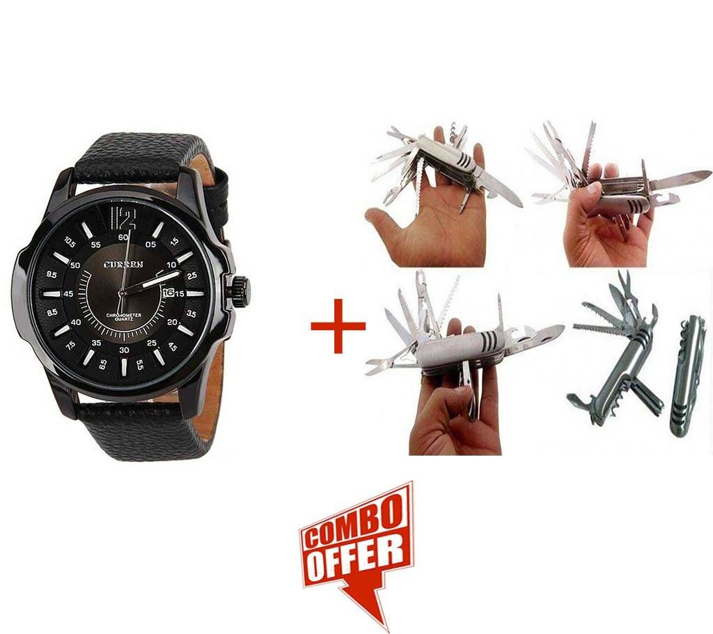 Curren Black Wrist Watch+Multinational Swiss Army Knife
