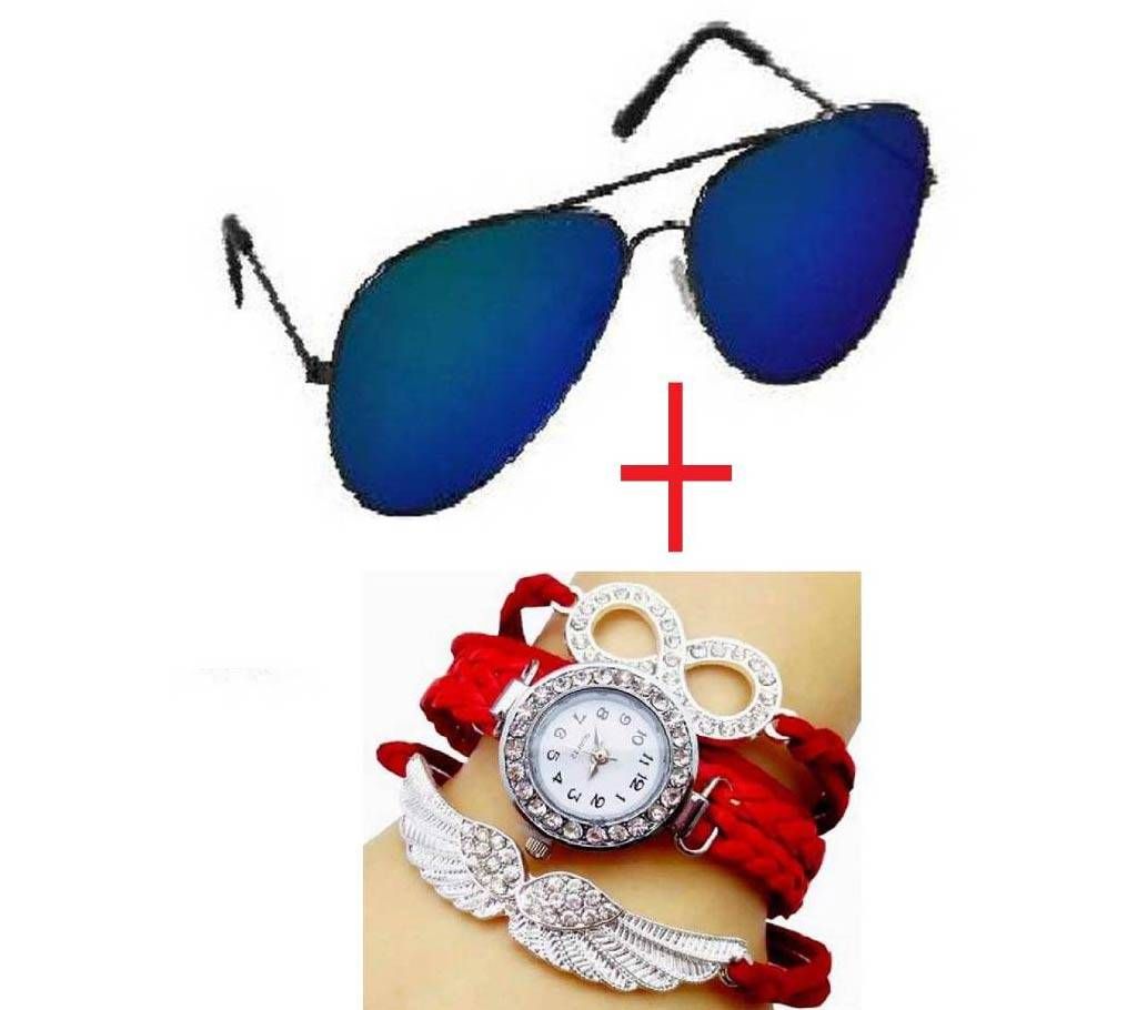Gents metal frame sunglasses and ladies bracelet watch combo 