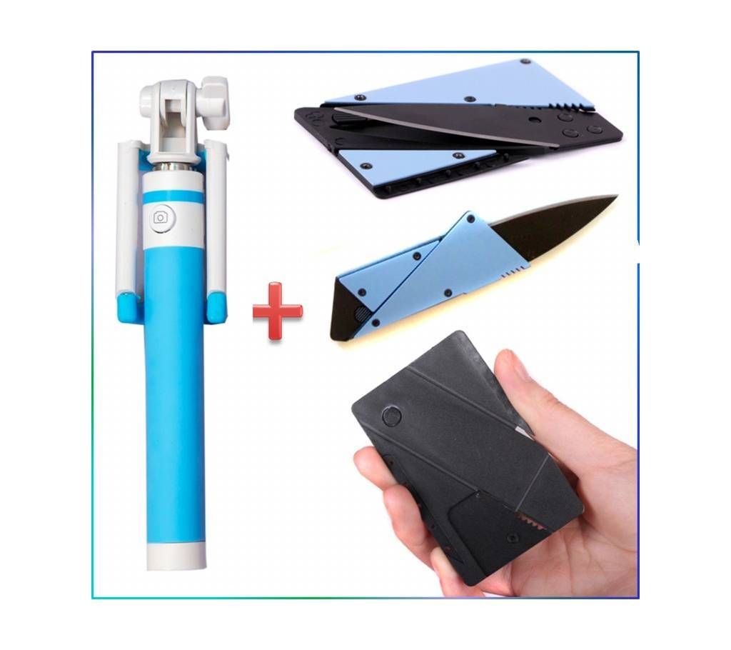 Combo Pack of Blue Selfie Stick & Card Knife