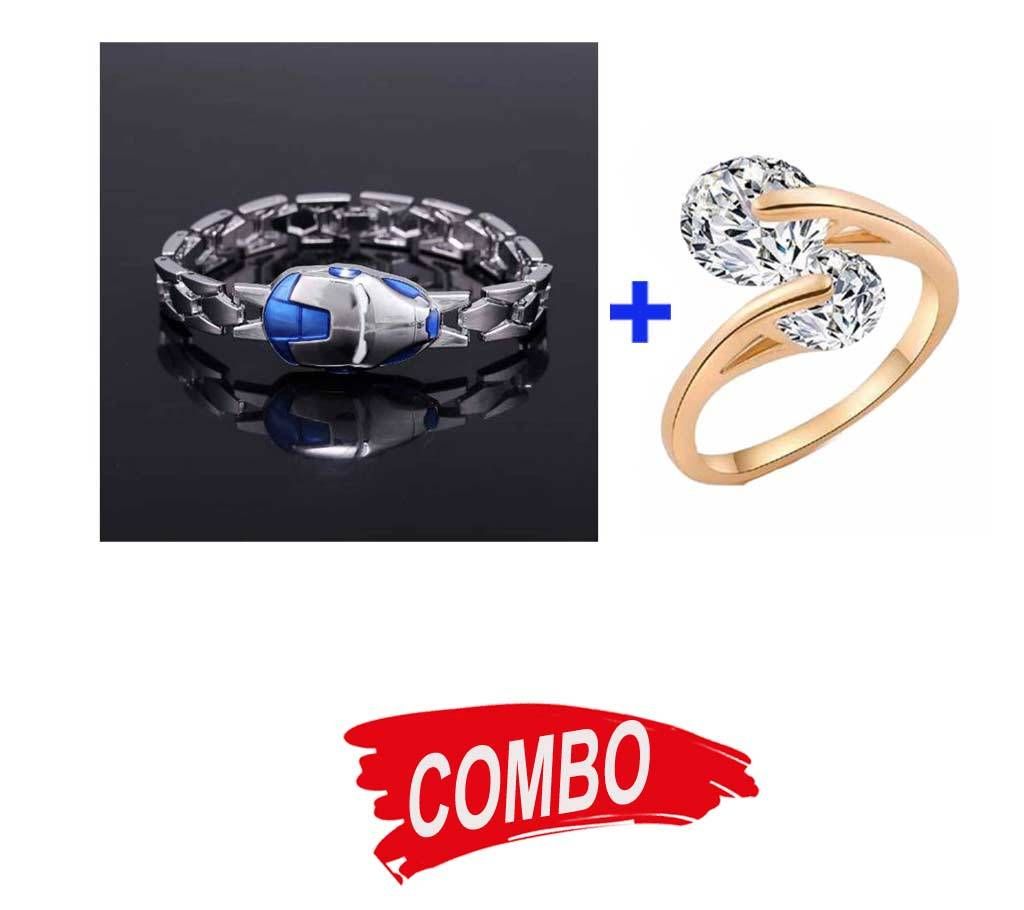 Iron Man Mask Silver Bracelet - Silver + Diamond cut stone setting finger ring Combo Offer 