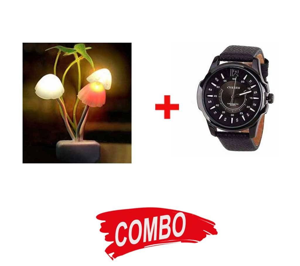 Curren Gents Wristwatch + LED Night Glowing Mashroom Light - Combo Offer