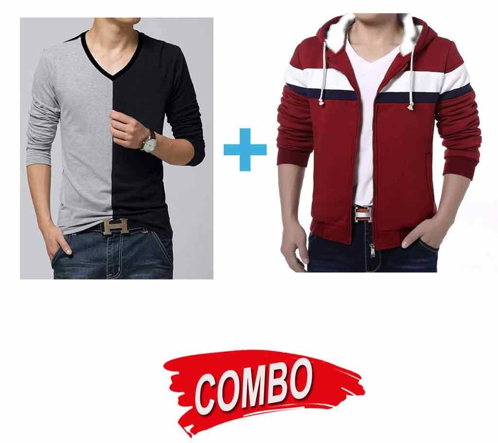 Mens Long Sleeve Hoodie + Mens Full Sleeve T Shirt- Combo Offer