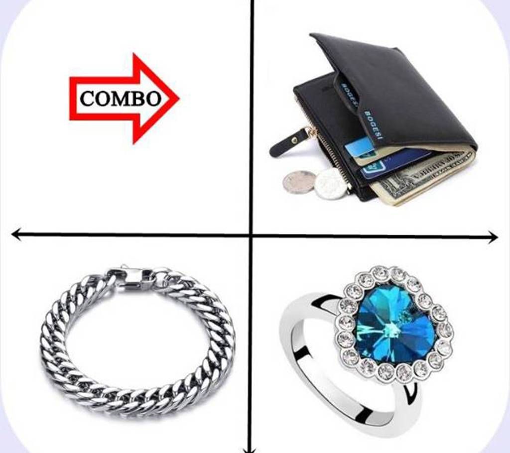 Combo of Lather Wallet + Stainless Steel Bracelet + Finger Ring