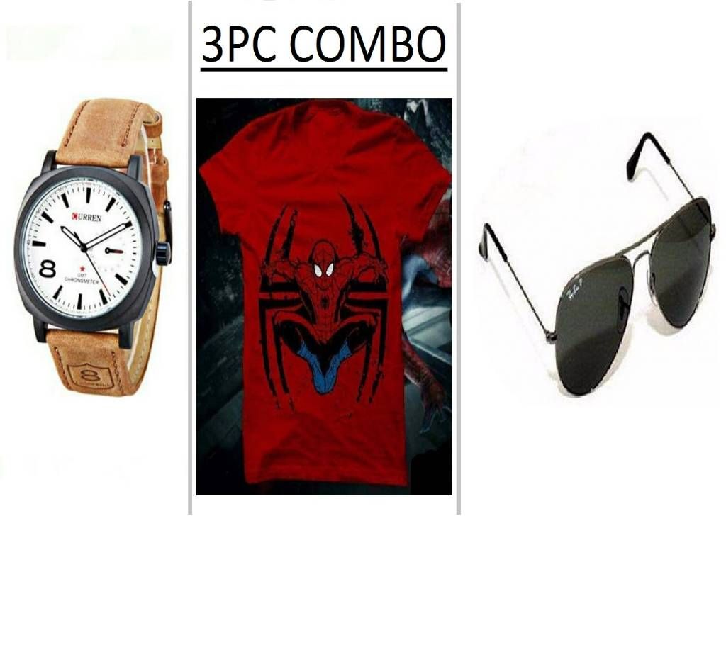 CURREN WRIST WATCH COPY + Spiderman Menzel Round Neck T-Shirt + Ray Ban (Replica) Sunglasses combo offer 