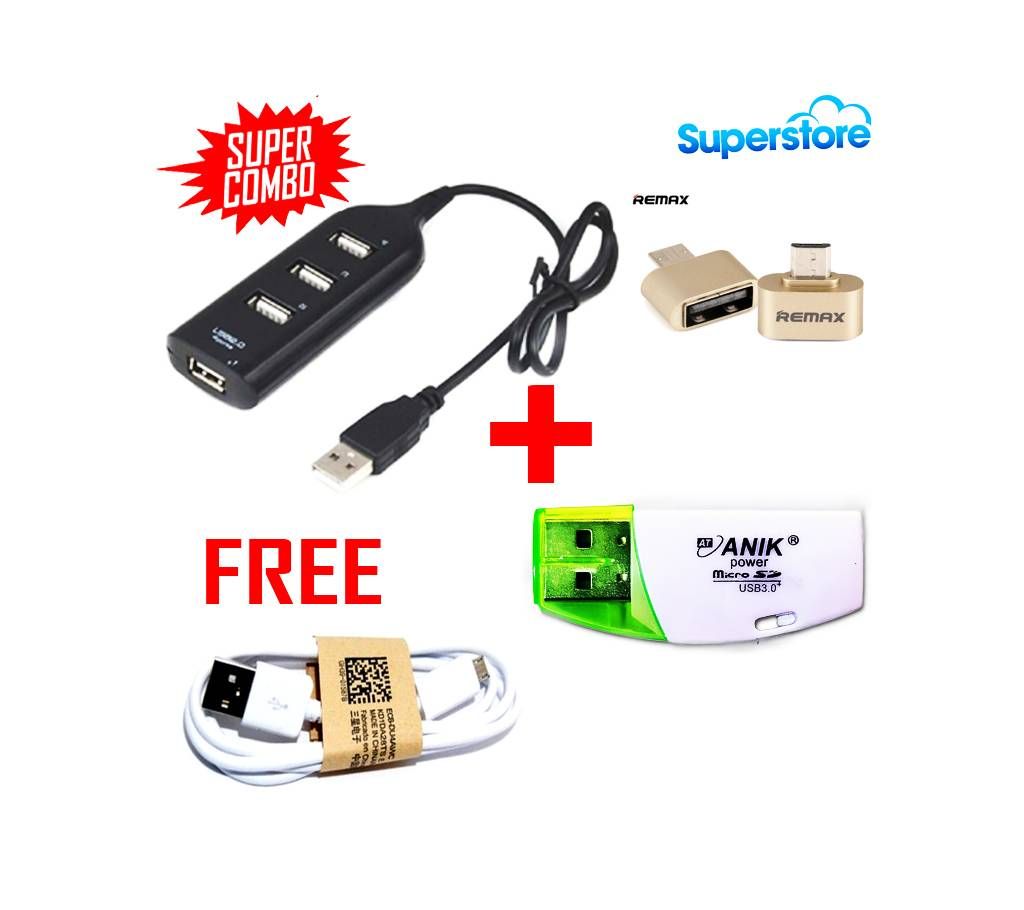 4 portsUSB hub +Remax Micro USB OTG+ Anik card reader + free USB cable