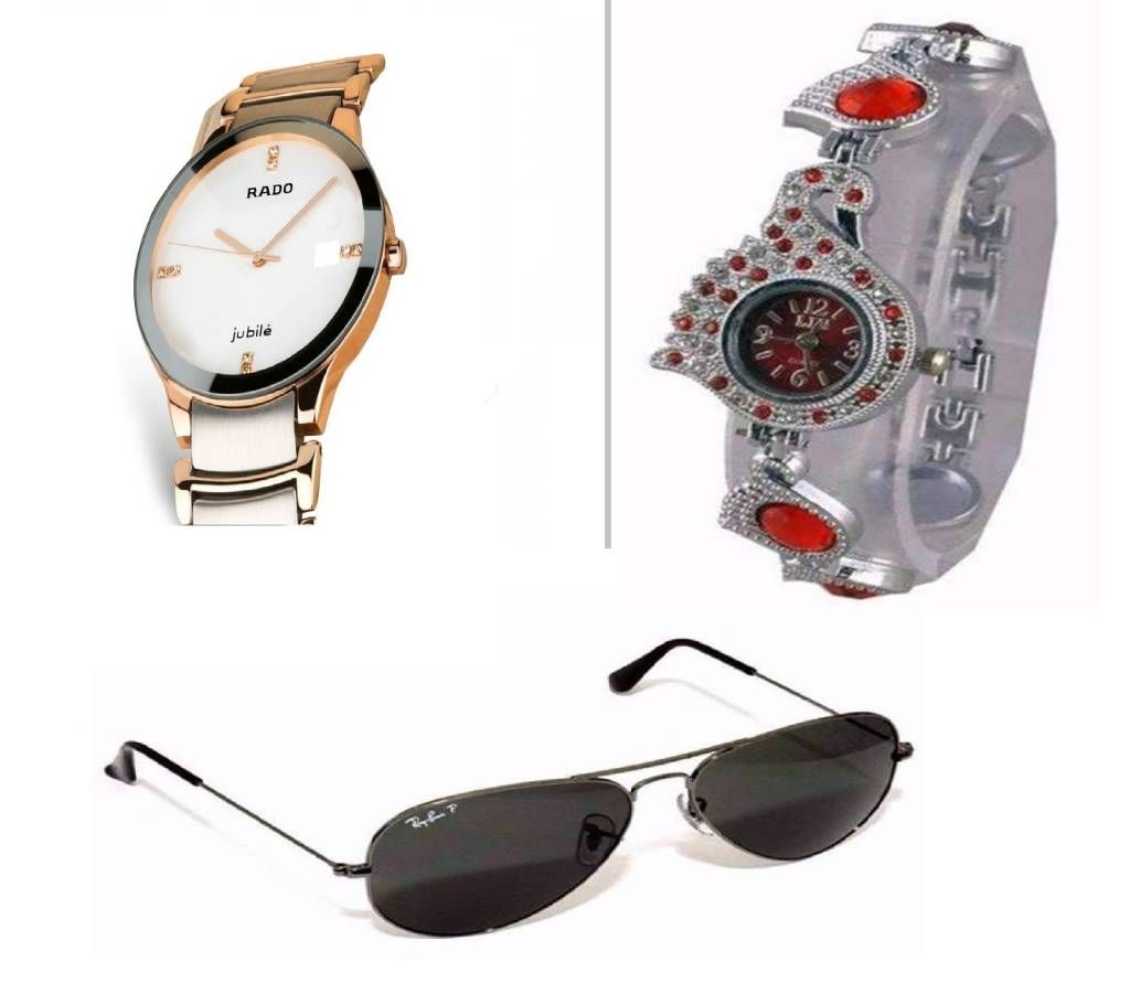 RADO Gents Watch (copy) + Ray Ban Sunglasses for Men (Copy) + Peacock Watch for Women Combo