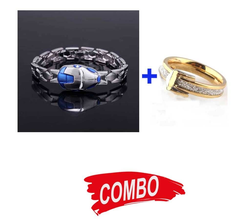 Iron Man Mask Silver Bracelet - Silver + Golden Belt type Finger Ring Combo Offer 