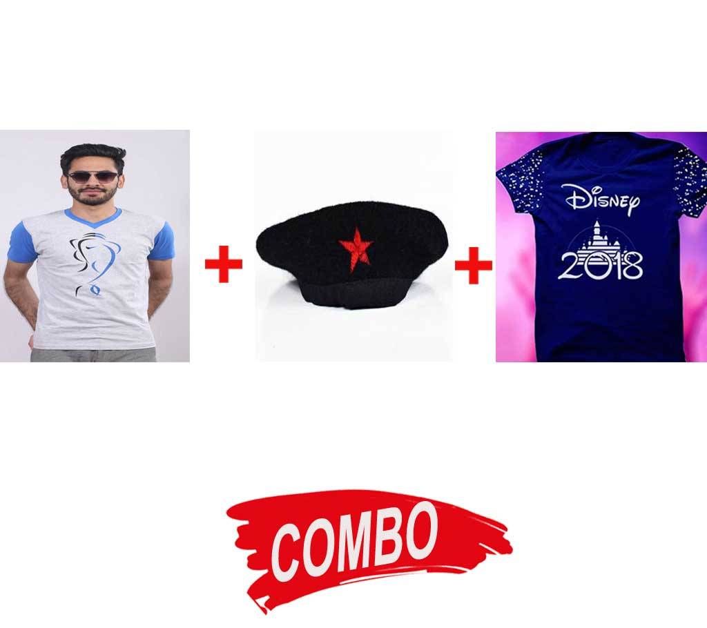 Mens Cotton Half Sleeve T-shirt+Black Stylish Cotton Cap For Men+Mens Cotton Half Sleeve T-shirt