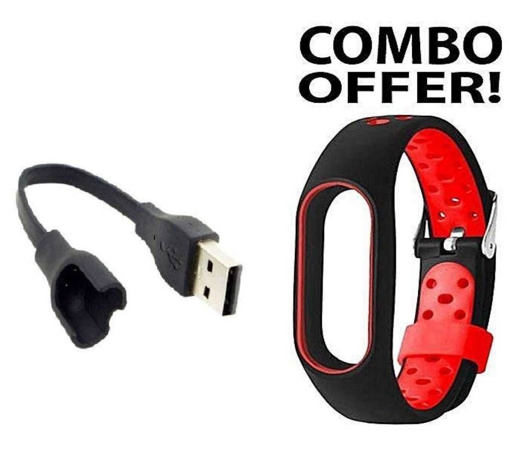 Combo of Silicone Belt and Charger for Xiaomi Mi Band 2- Red&Black