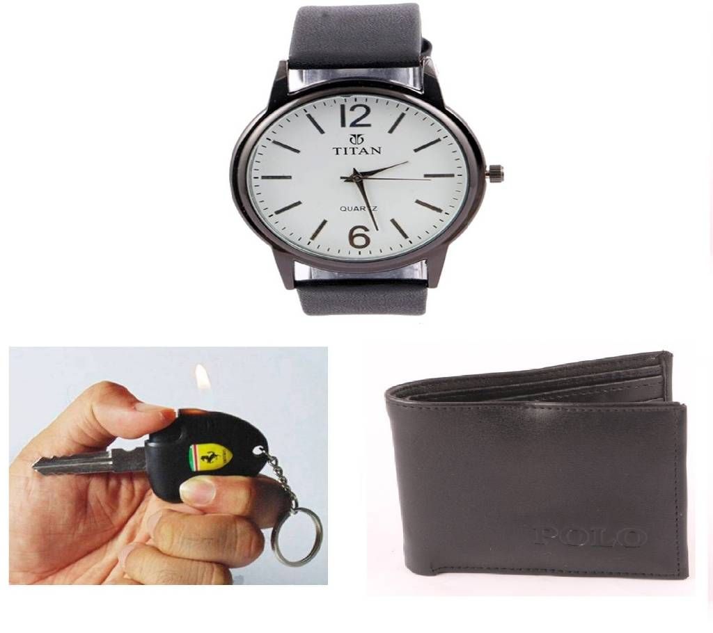 TITAN Gents Rest Watch (Copy) + Ferrari Key Ring Lighter + Men's Leather Wallet