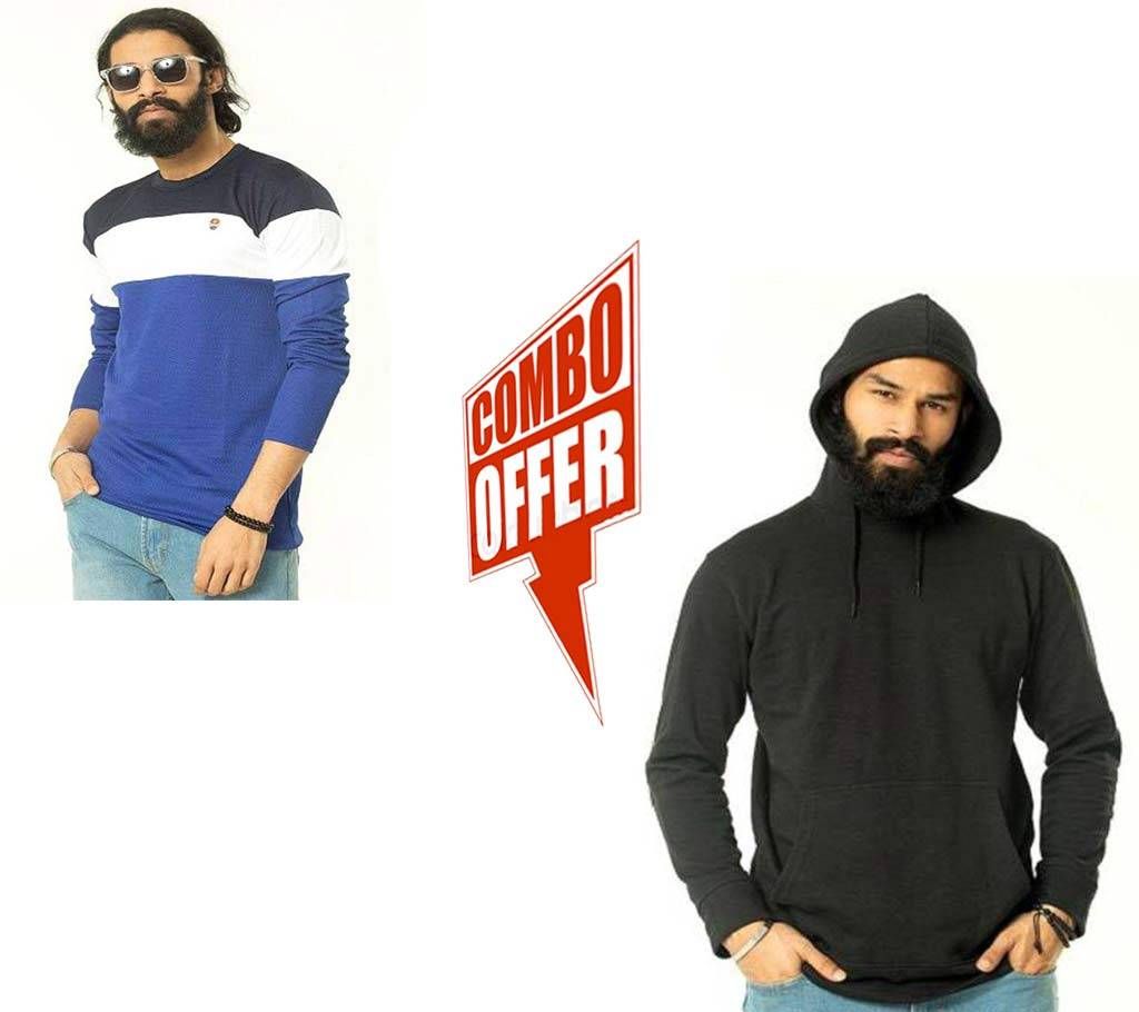 Menz Cotton Hoodie-Black+ Full Sleeve T-Shirt Blue combo offer 